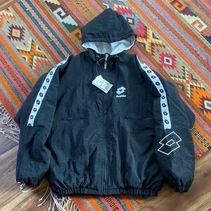 90s with Tag Lotto Black Hooded Windbreaker Jacket